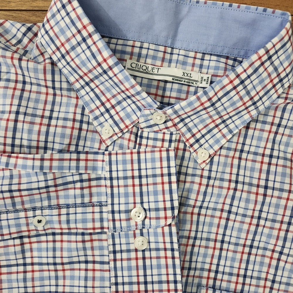 Criquet Long-Sleeve Button Down Shirt Blue/Red/White Plaid Mini Logo Size XXL